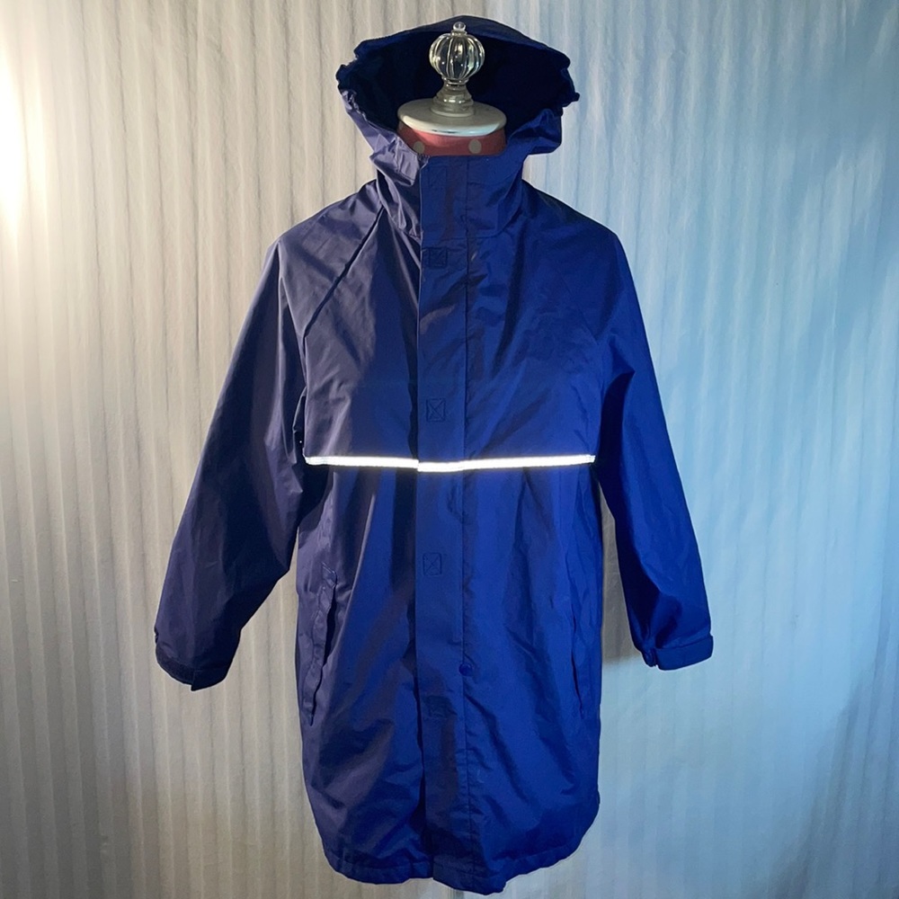 Lands’ End Sz 7-8 youth blue raincoat w hood and pockets n reflective strips